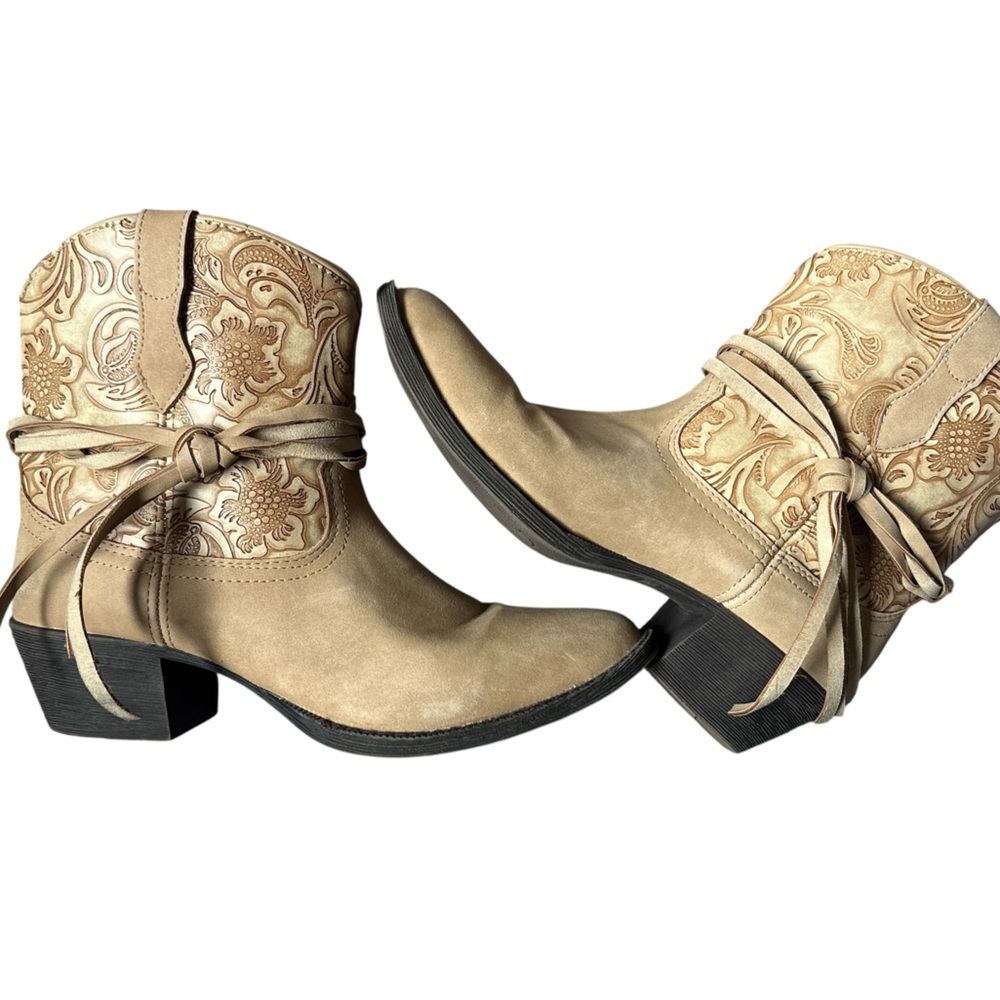 dingo Tan Floral Embossed Western Ankle Booties - Picture 14 of 14